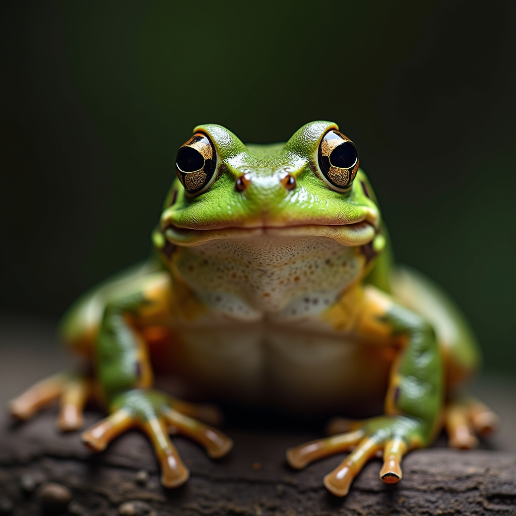 A photorealistic portrait of a Common Frog in its natural habitat