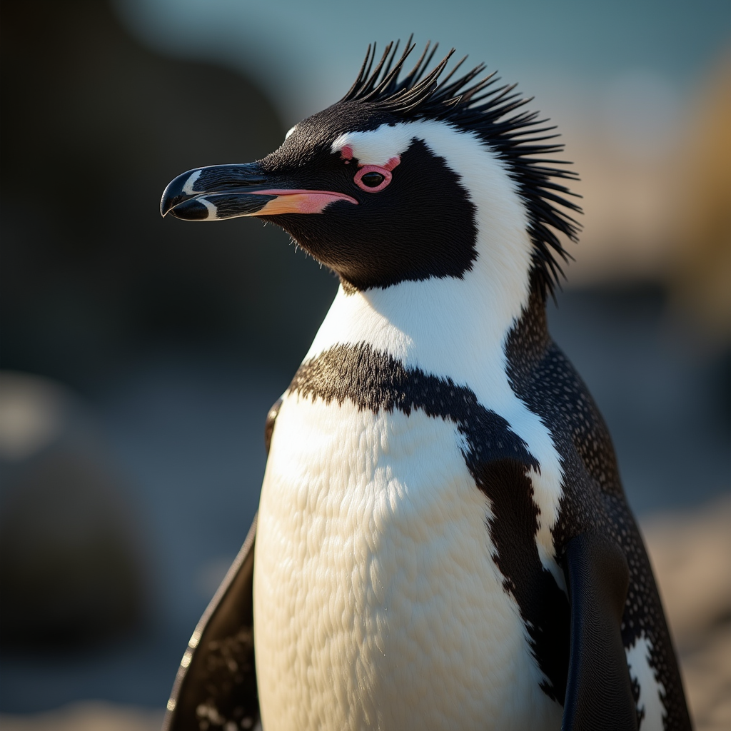 A photorealistic portrait of a Crested Penguin in its natural habitat