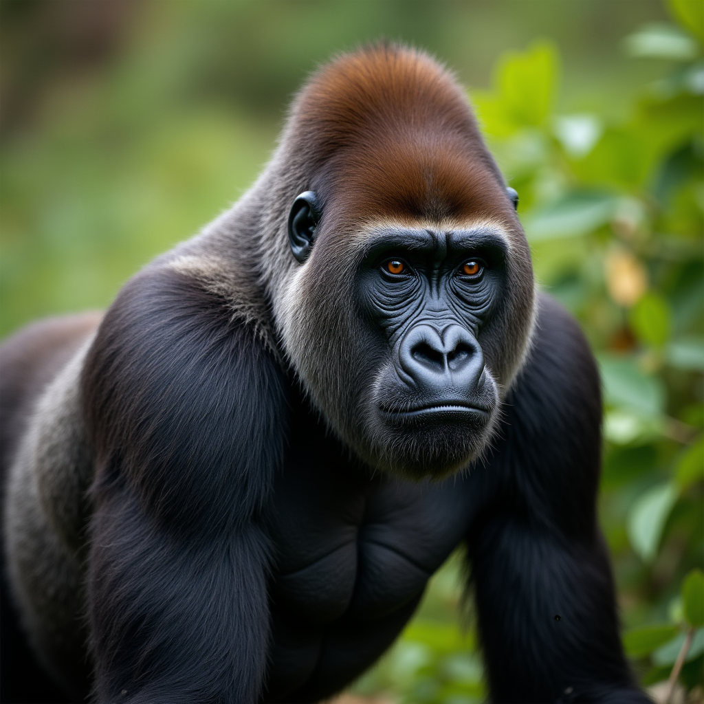 A photorealistic portrait of a Cross River Gorilla in its natural habitat