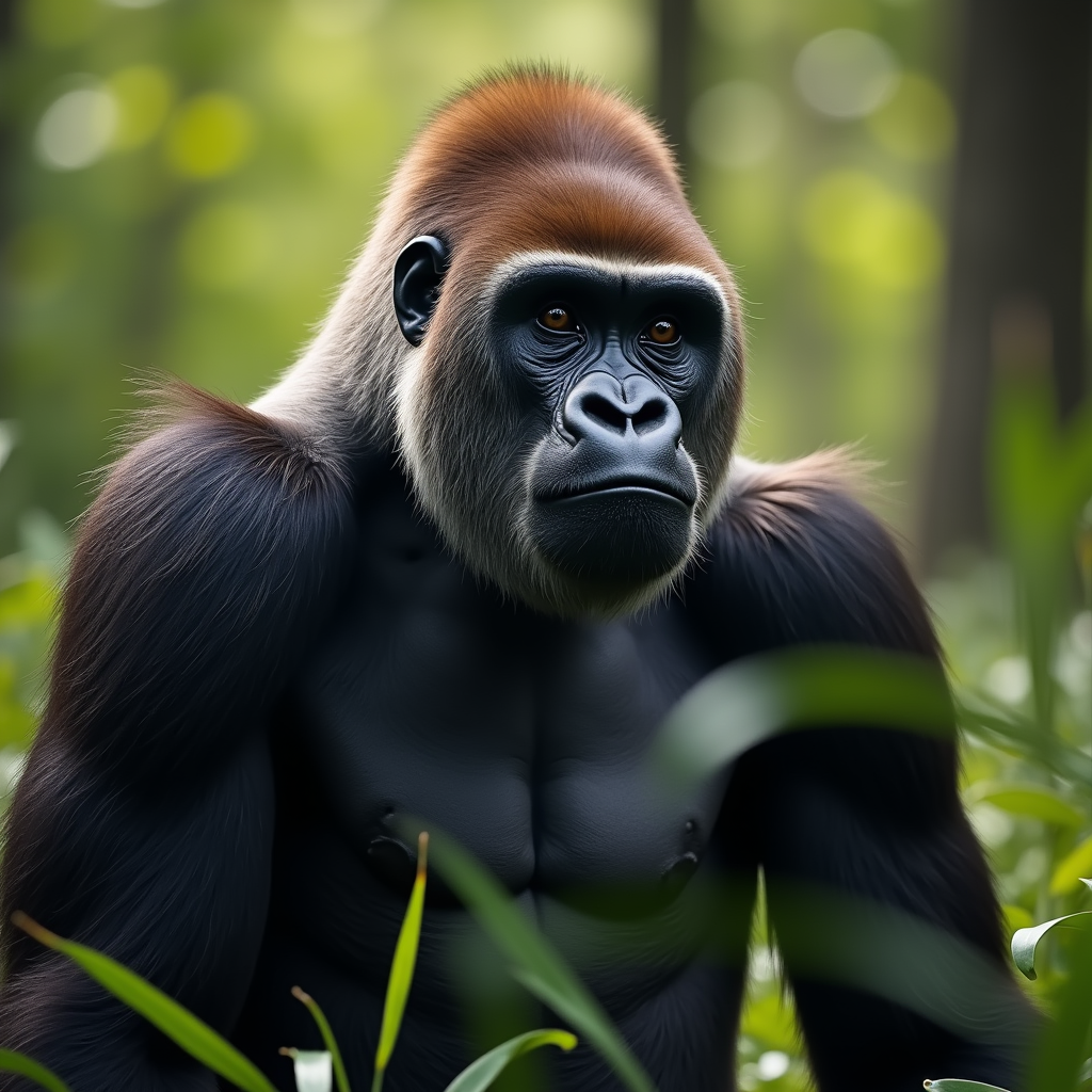 A photorealistic portrait of a Cross River Gorilla in its natural habitat