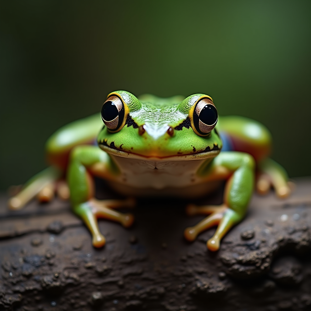 A photorealistic portrait of a Darwin's Frog in its natural habitat