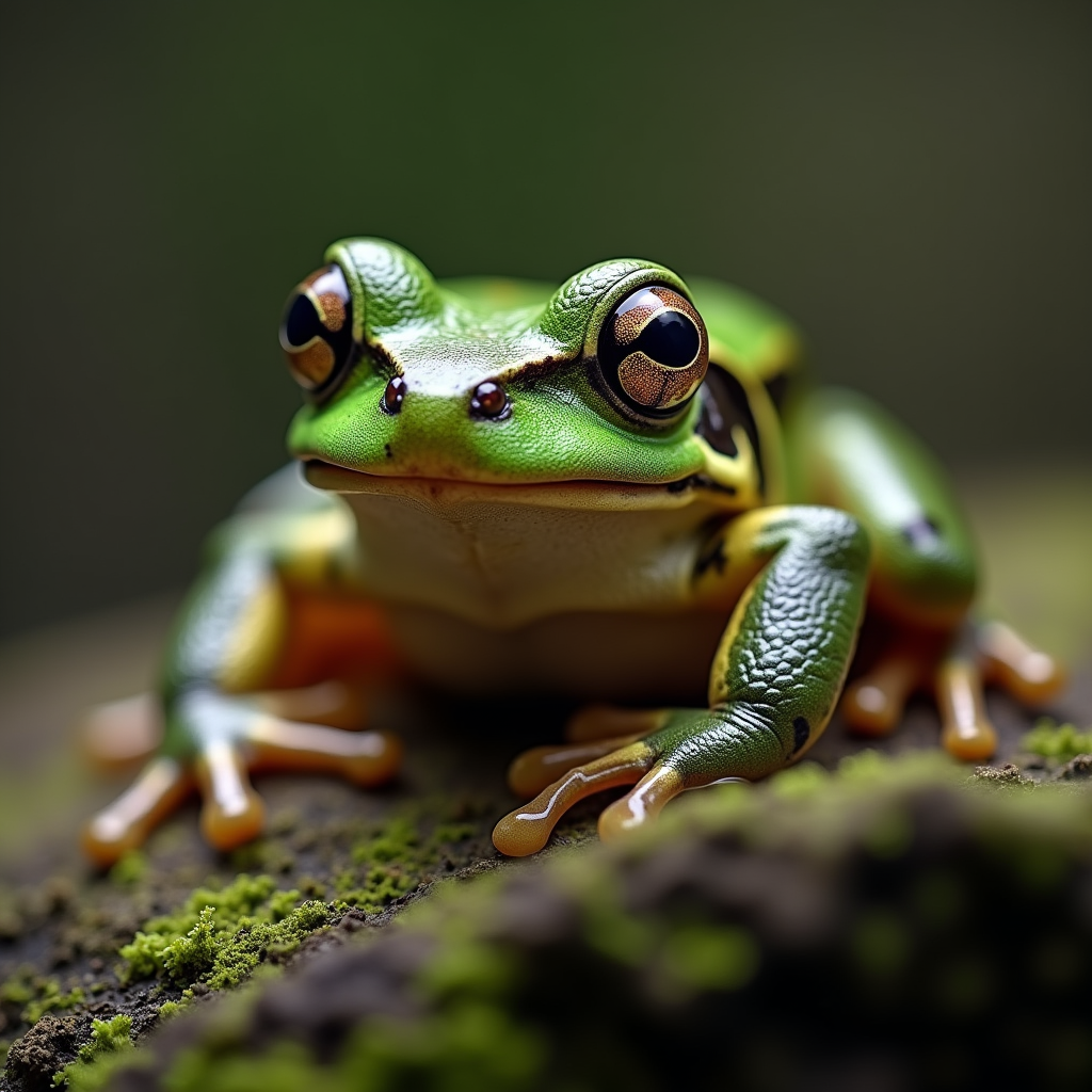 A photorealistic portrait of a Darwin's Frog in its natural habitat