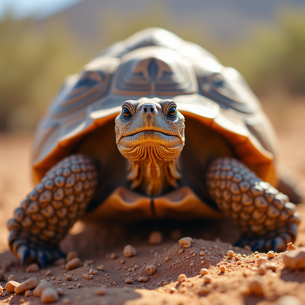 A photorealistic portrait of a Desert Tortoise in its natural habitat