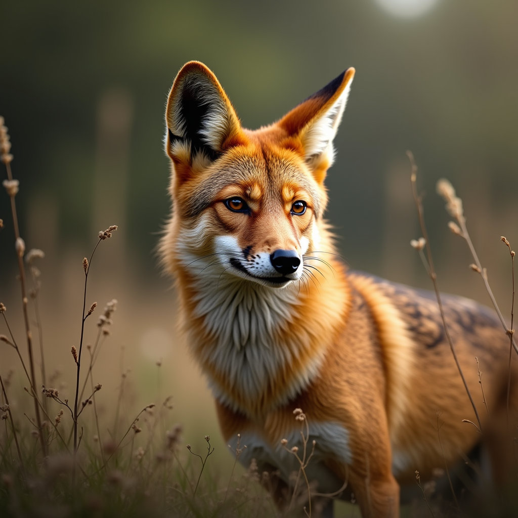 A photorealistic portrait of a Dhole in its natural habitat