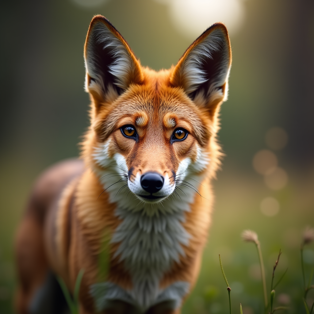 A photorealistic portrait of a Dhole in its natural habitat