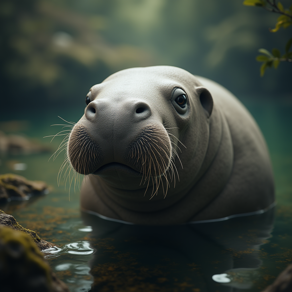 A photorealistic portrait of a Dugong in its natural habitat