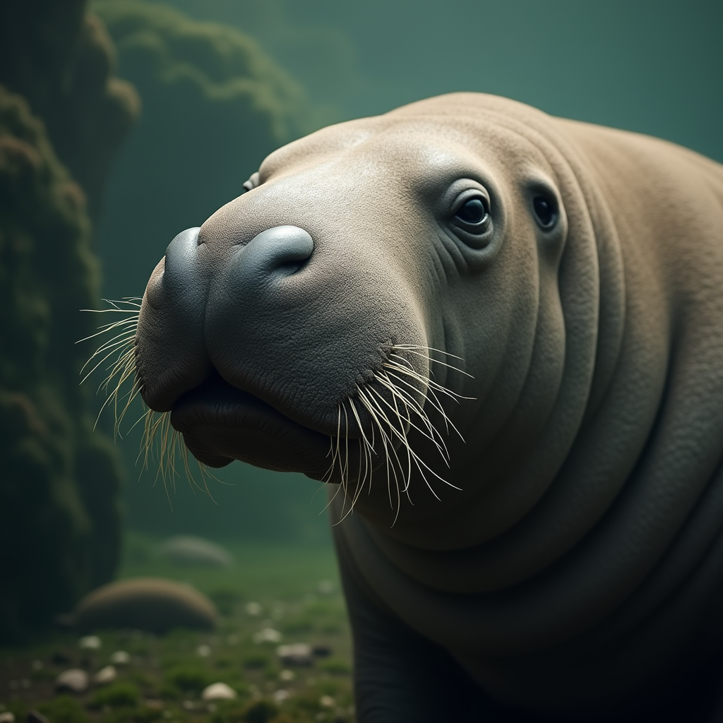 A photorealistic portrait of a Dugong in its natural habitat