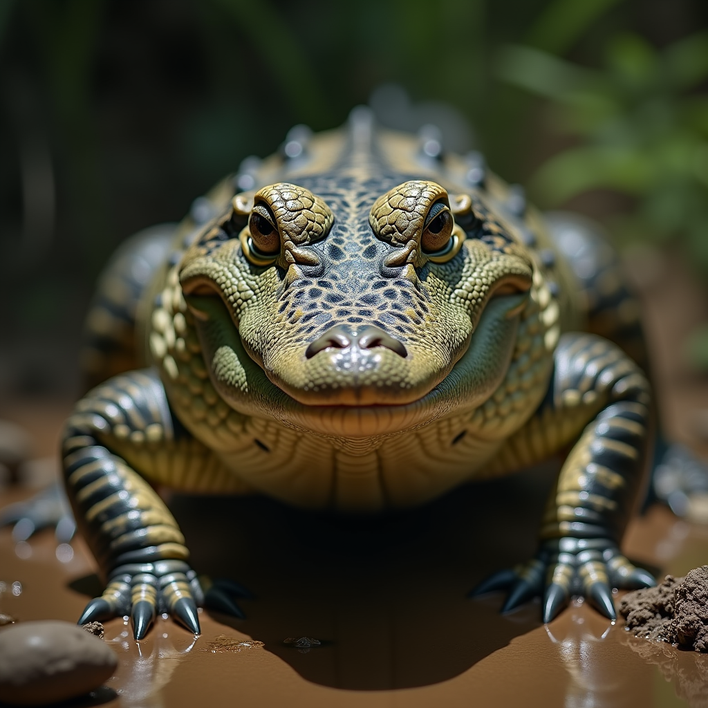 A photorealistic portrait of a Dwarf Crocodile in its natural habitat