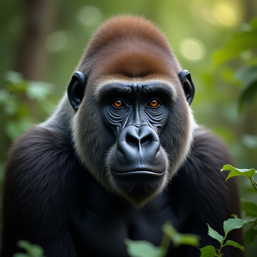 A photorealistic portrait of a Eastern Gorilla in its natural habitat