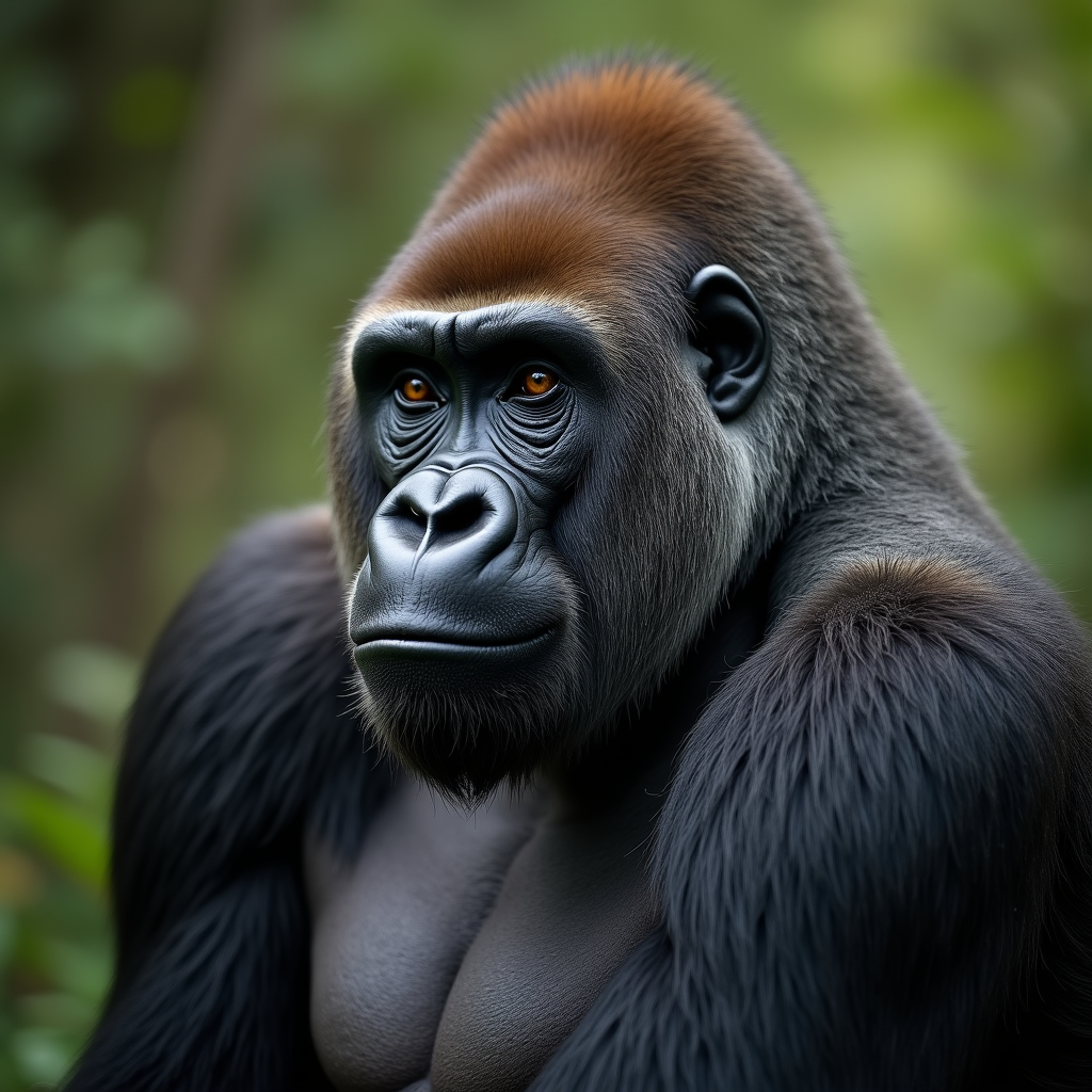 A photorealistic portrait of a Eastern Gorilla in its natural habitat