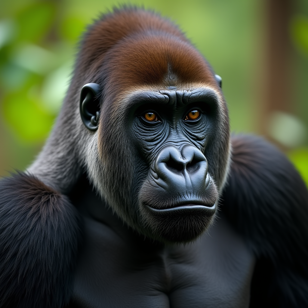 A photorealistic portrait of a Eastern Lowland Gorilla in its natural habitat