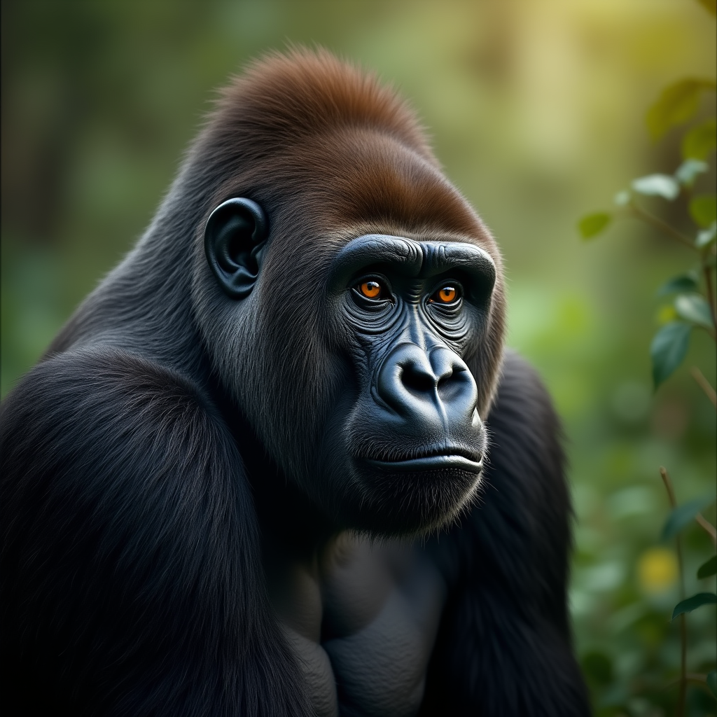 A photorealistic portrait of a Eastern Lowland Gorilla in its natural habitat
