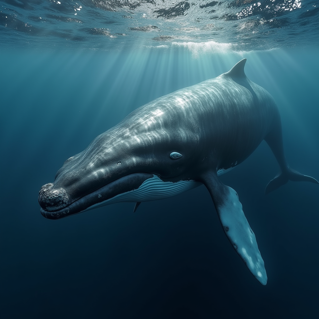 A photorealistic portrait of a Fin Whale in its natural habitat