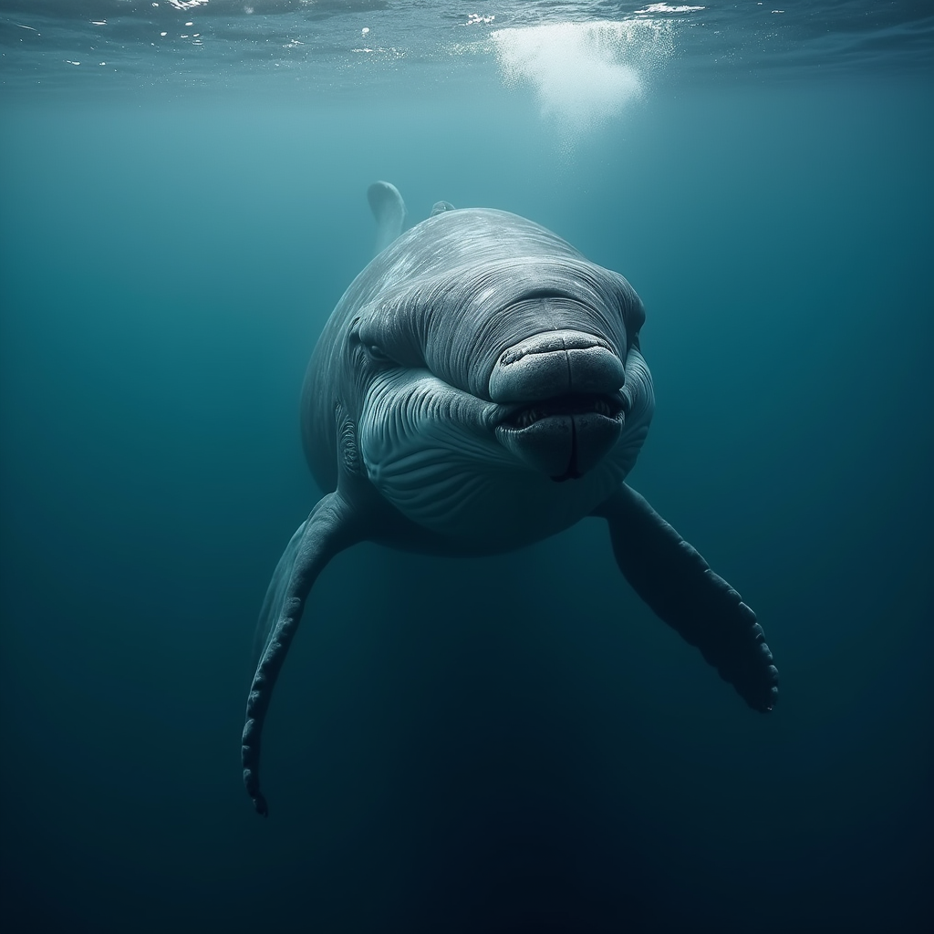 A photorealistic portrait of a Fin Whale in its natural habitat