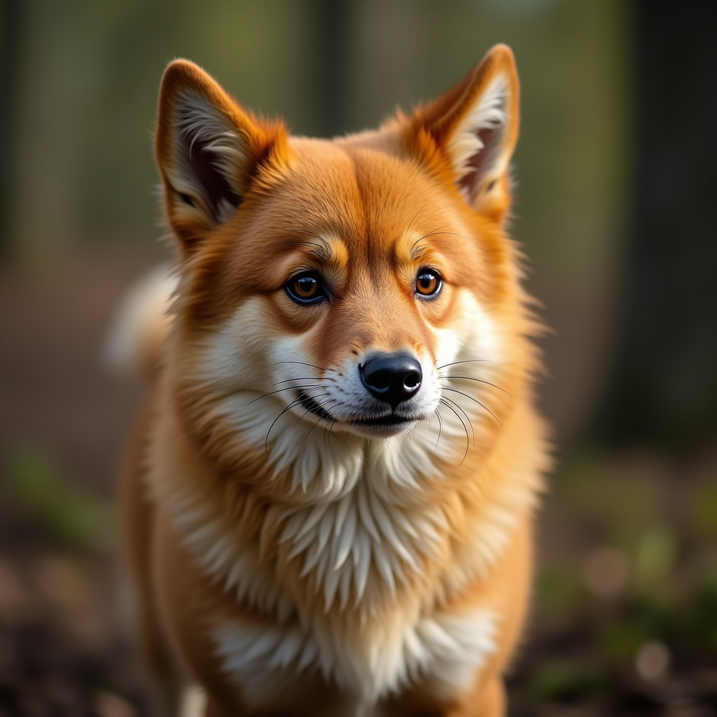 A photorealistic portrait of a Finnish Spitz in its natural habitat