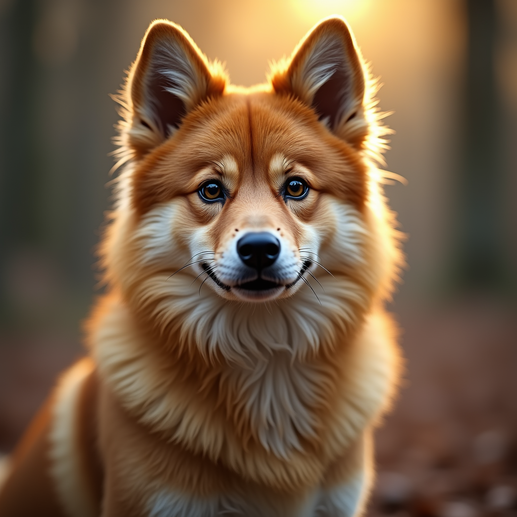 A photorealistic portrait of a Finnish Spitz in its natural habitat
