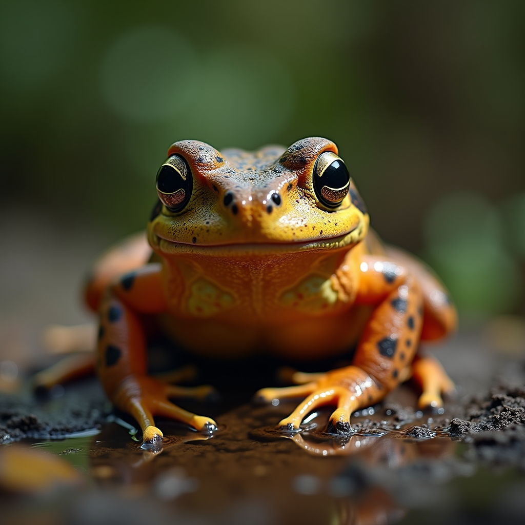 A photorealistic portrait of a Fire-Bellied Toad in its natural habitat