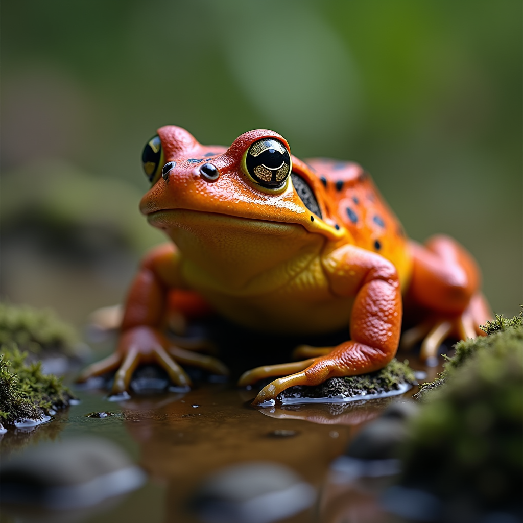 A photorealistic portrait of a Fire-Bellied Toad in its natural habitat