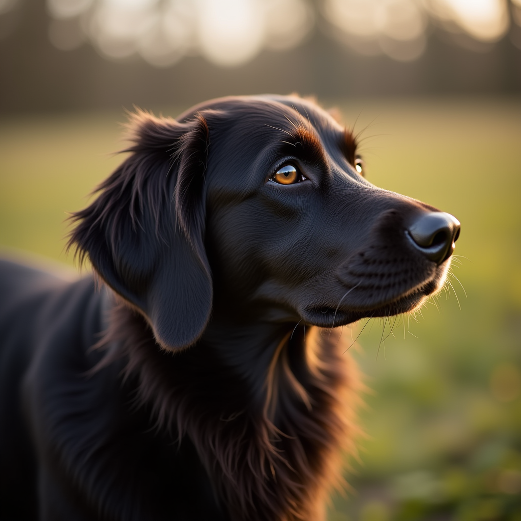 A photorealistic portrait of a Flat Coat Retriever in its natural habitat