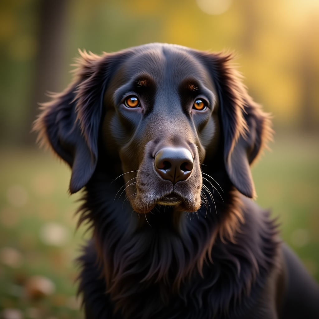 A photorealistic portrait of a Flat Coat Retriever in its natural habitat
