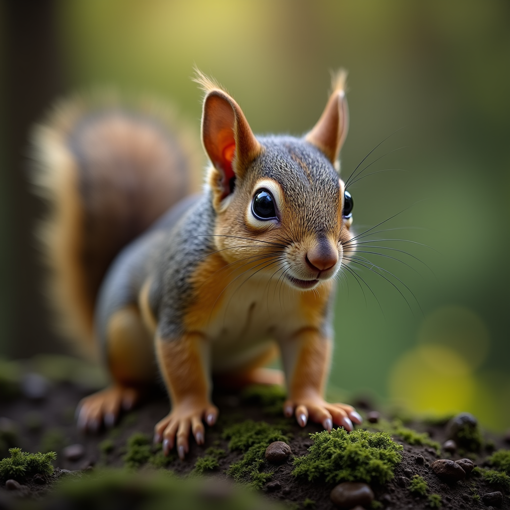A photorealistic portrait of a Flying Squirrel in its natural habitat
