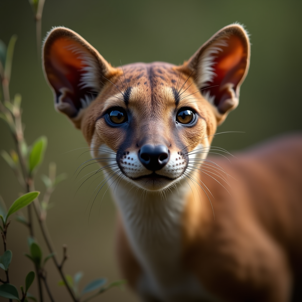 A photorealistic portrait of a Fossa in its natural habitat