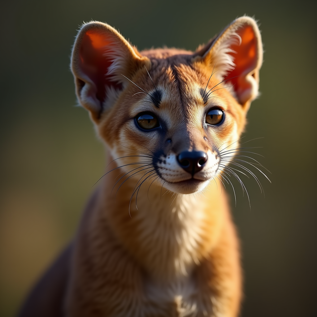 A photorealistic portrait of a Fossa in its natural habitat