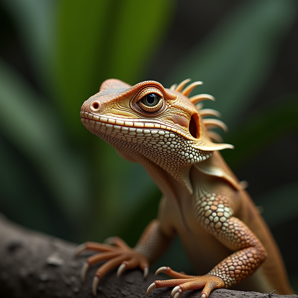 A photorealistic portrait of a Frilled Lizard in its natural habitat