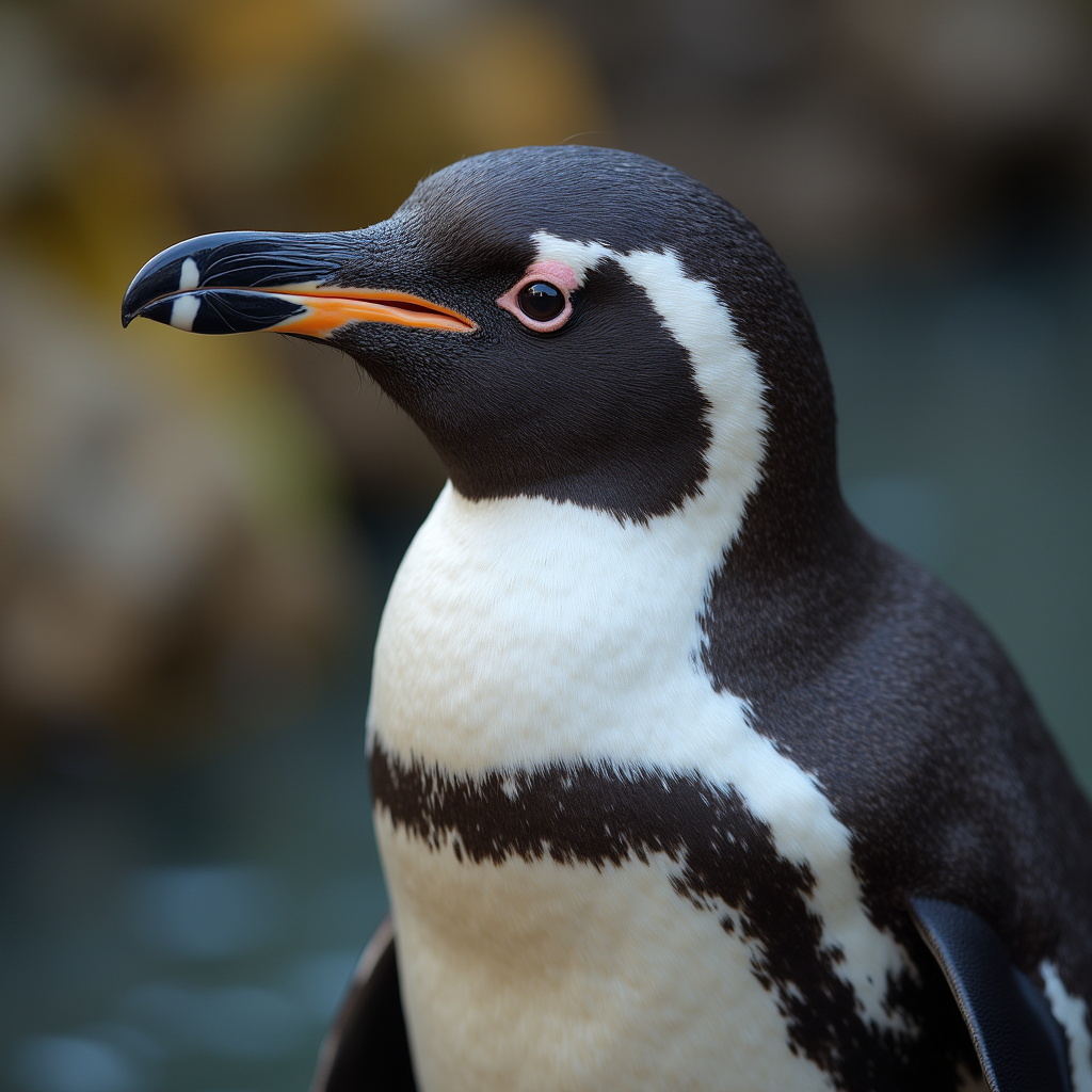 A photorealistic portrait of a Galapagos Penguin in its natural habitat