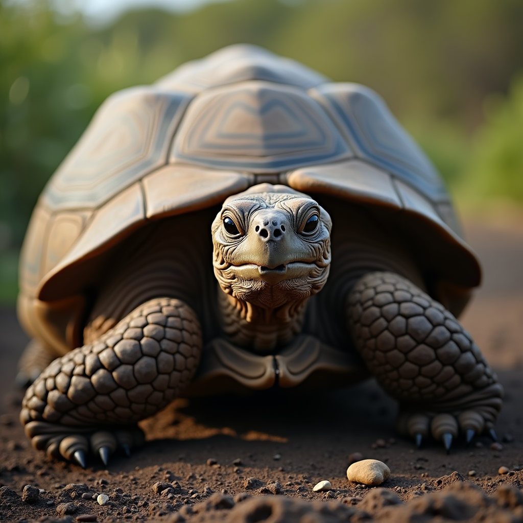 A photorealistic portrait of a Galapagos Tortoise in its natural habitat