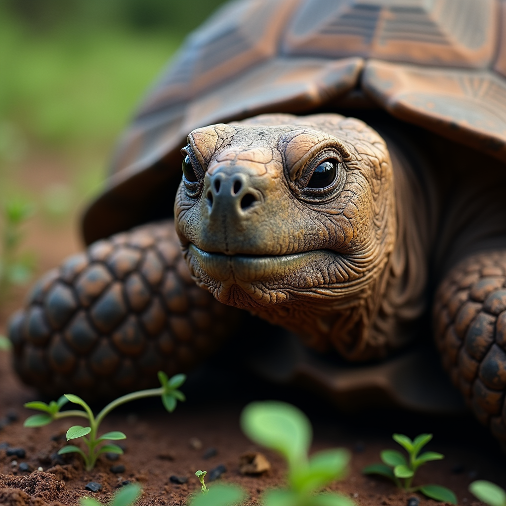 A photorealistic portrait of a Galapagos Tortoise in its natural habitat