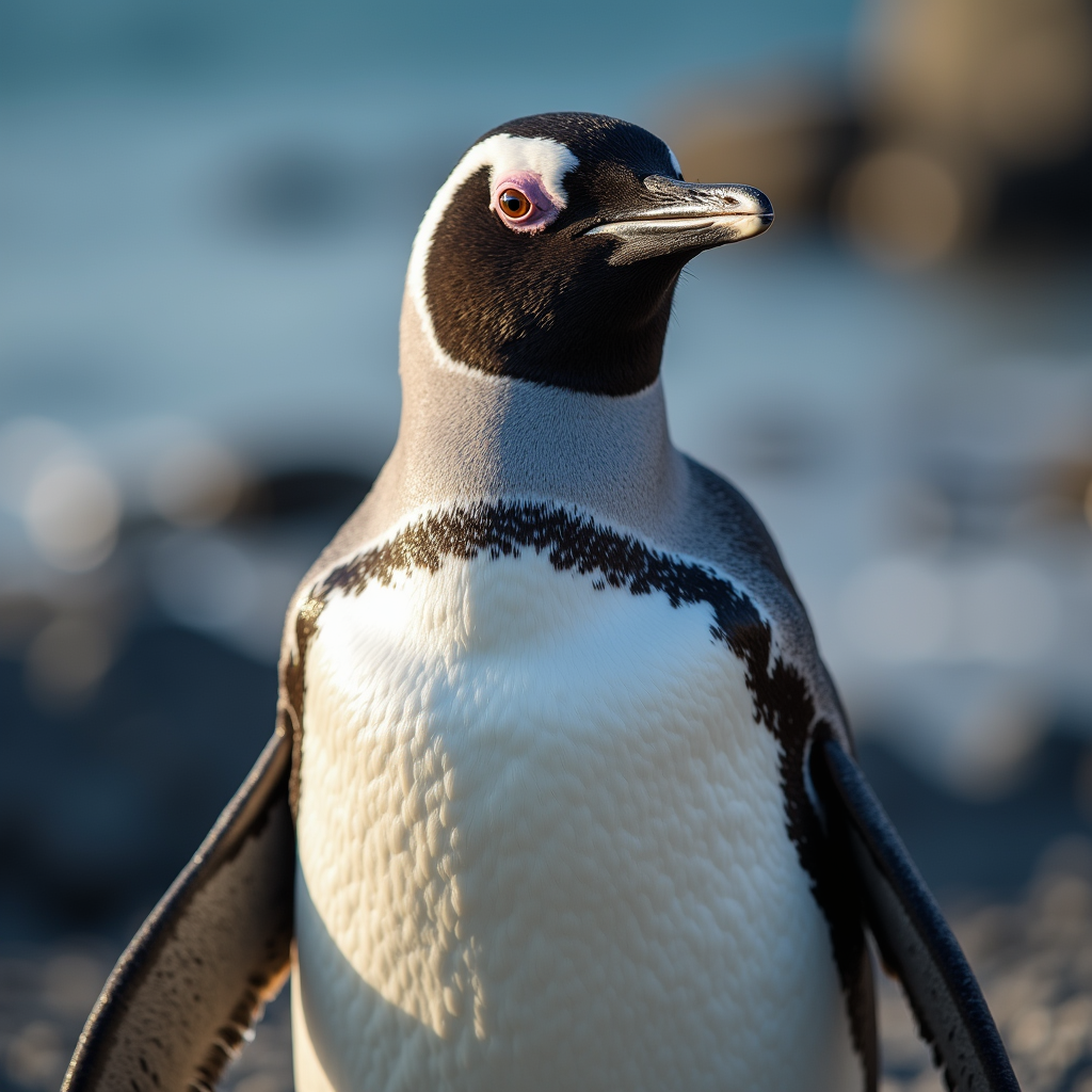 A photorealistic portrait of a Gentoo Penguin in its natural habitat