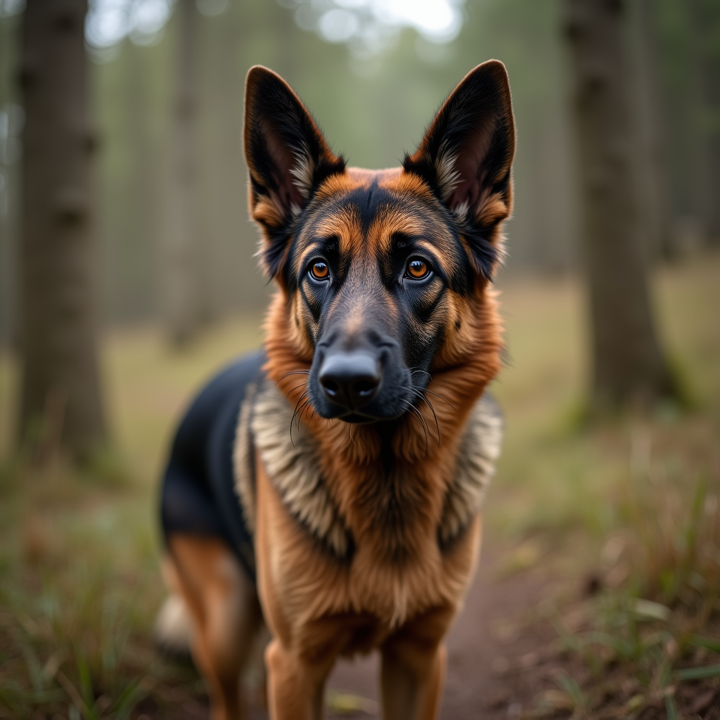 A photorealistic portrait of a German Shepherd in its natural habitat