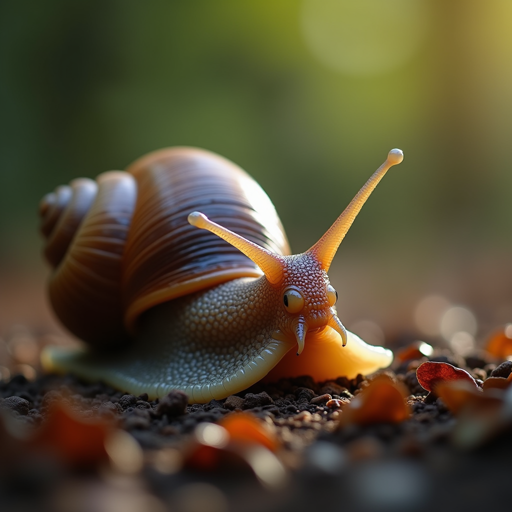 A photorealistic portrait of a Giant African Land Snail in its natural habitat