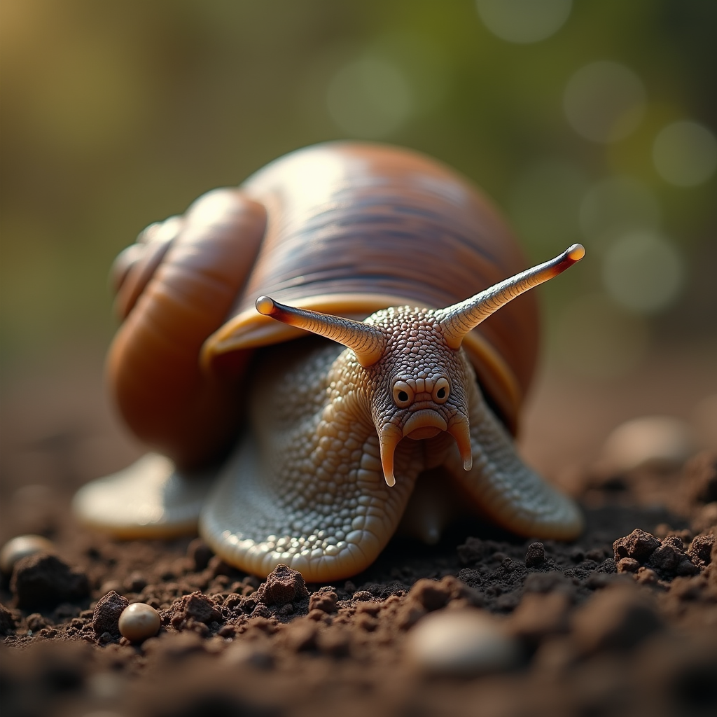 A photorealistic portrait of a Giant African Land Snail in its natural habitat