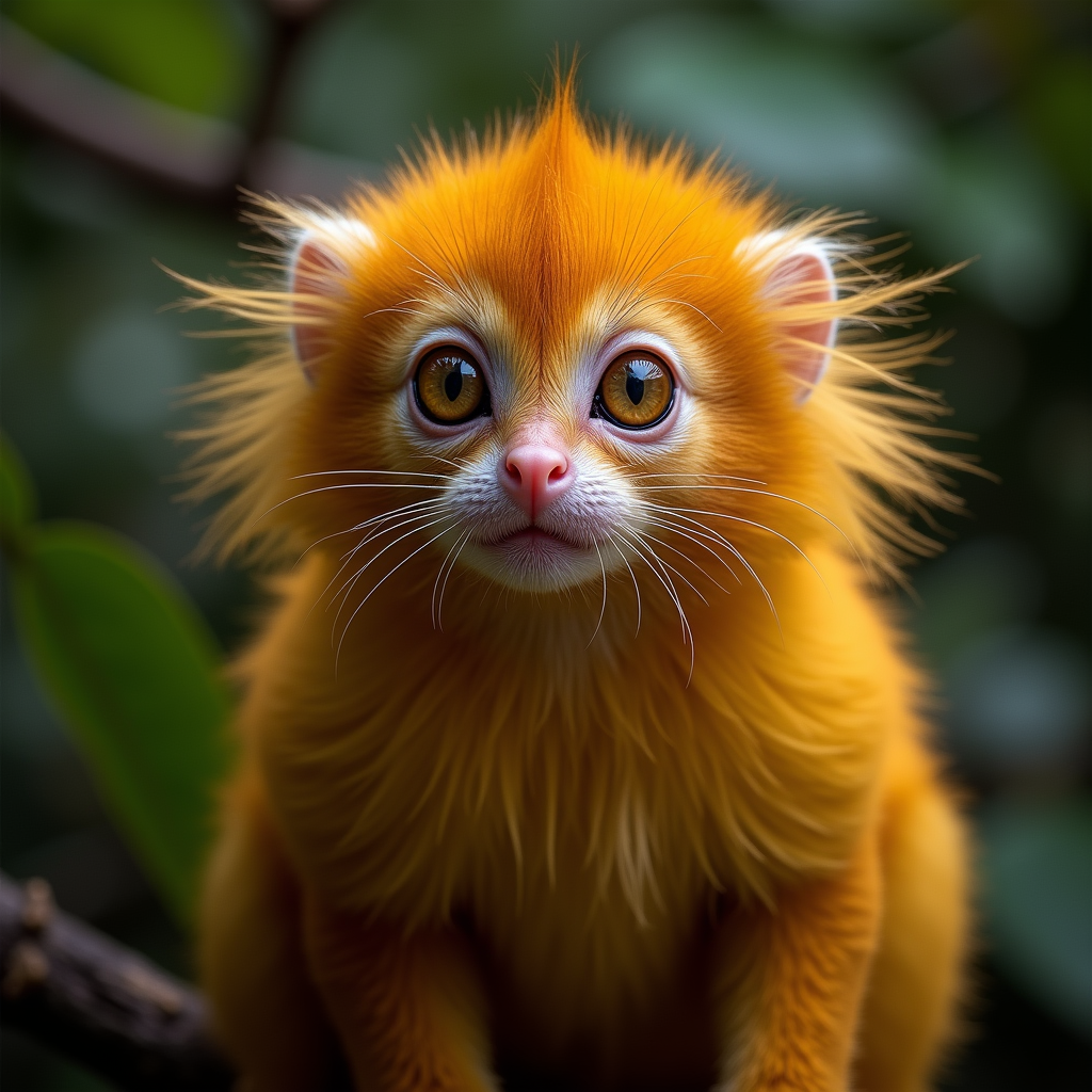A photorealistic portrait of a Golden Lion Tamarin in its natural habitat
