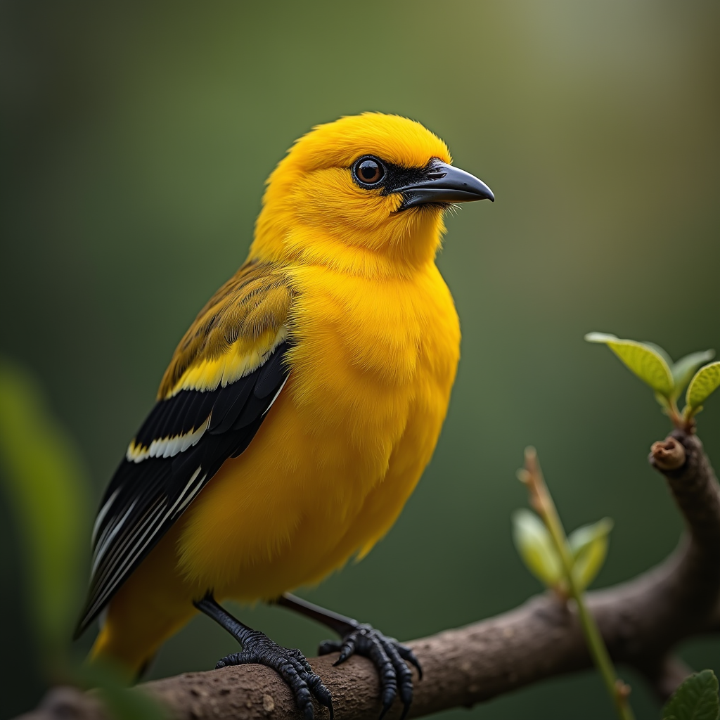 A photorealistic portrait of a Golden Oriole in its natural habitat