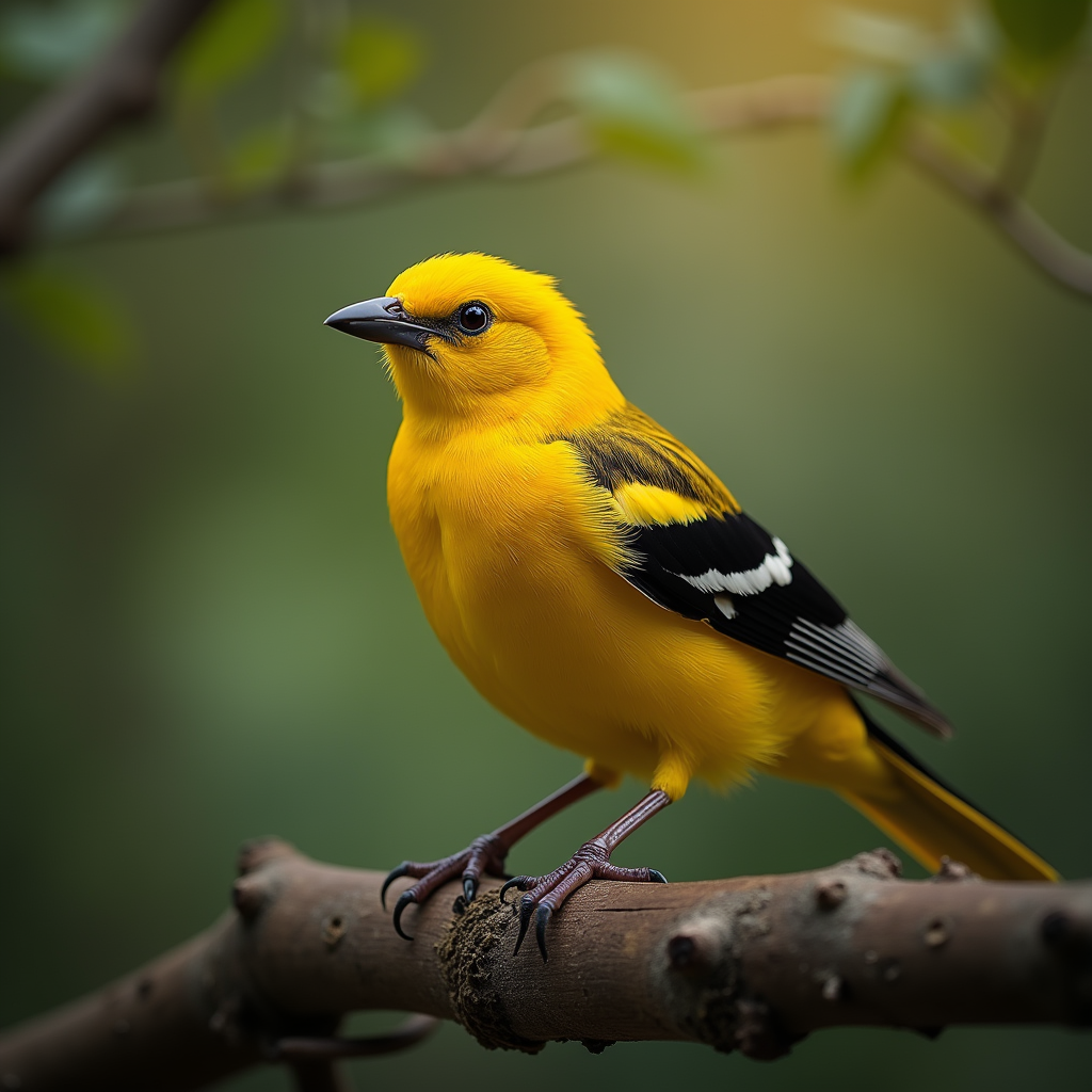 A photorealistic portrait of a Golden Oriole in its natural habitat
