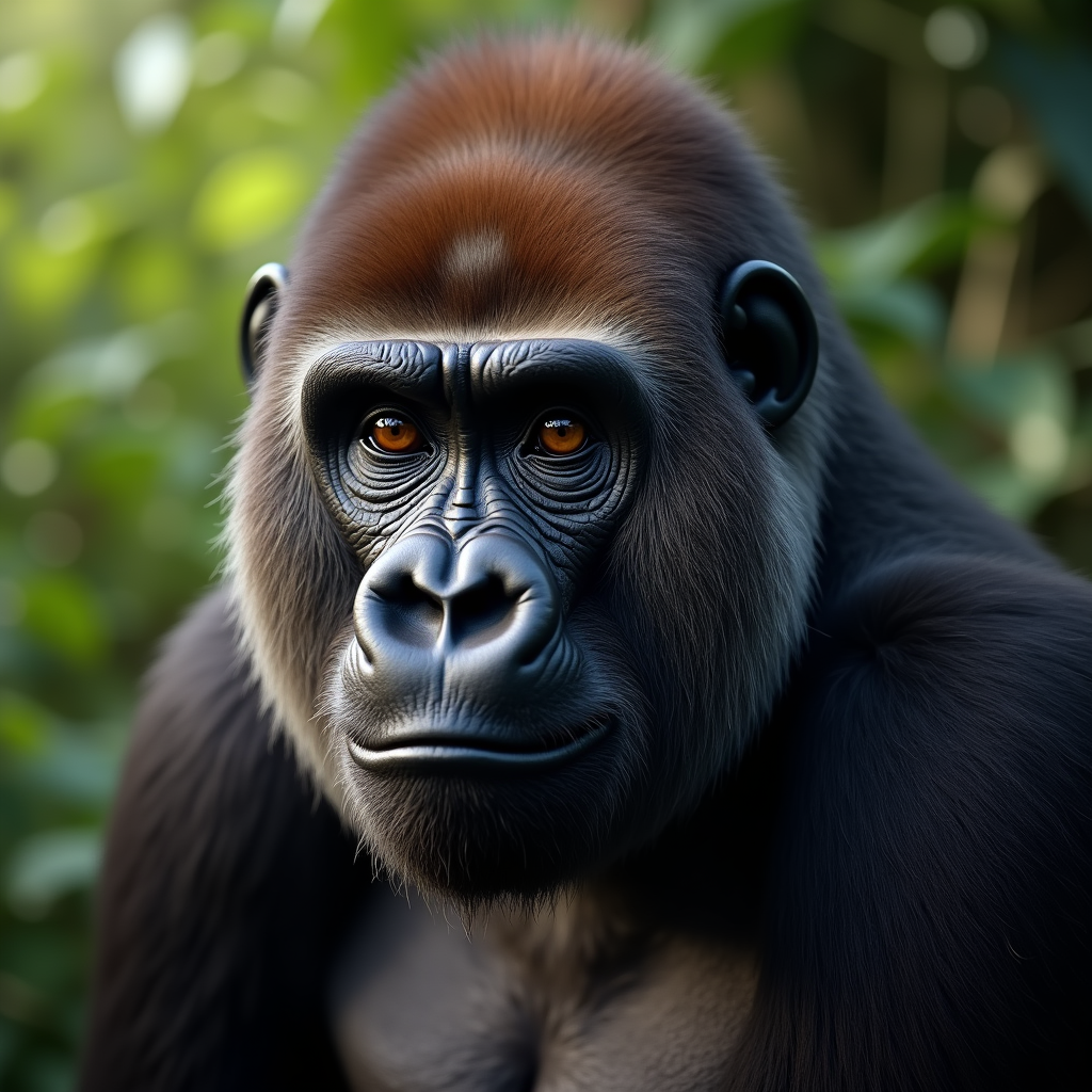 A photorealistic portrait of a Gorilla in its natural habitat