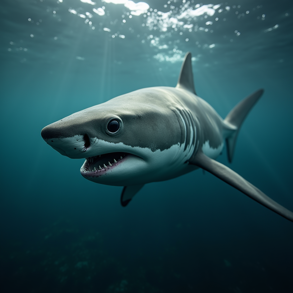 A photorealistic portrait of a Great White Shark in its natural habitat