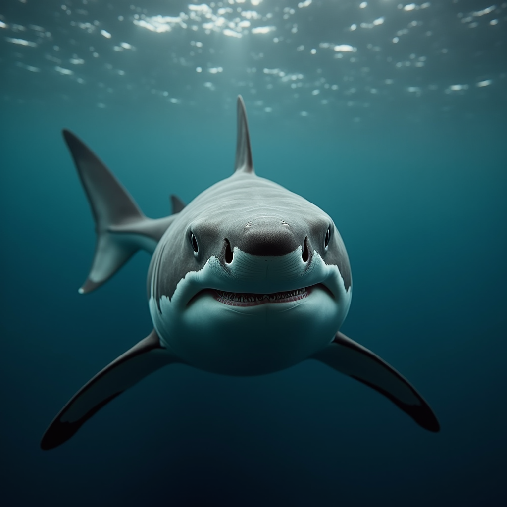 A photorealistic portrait of a Great White Shark in its natural habitat