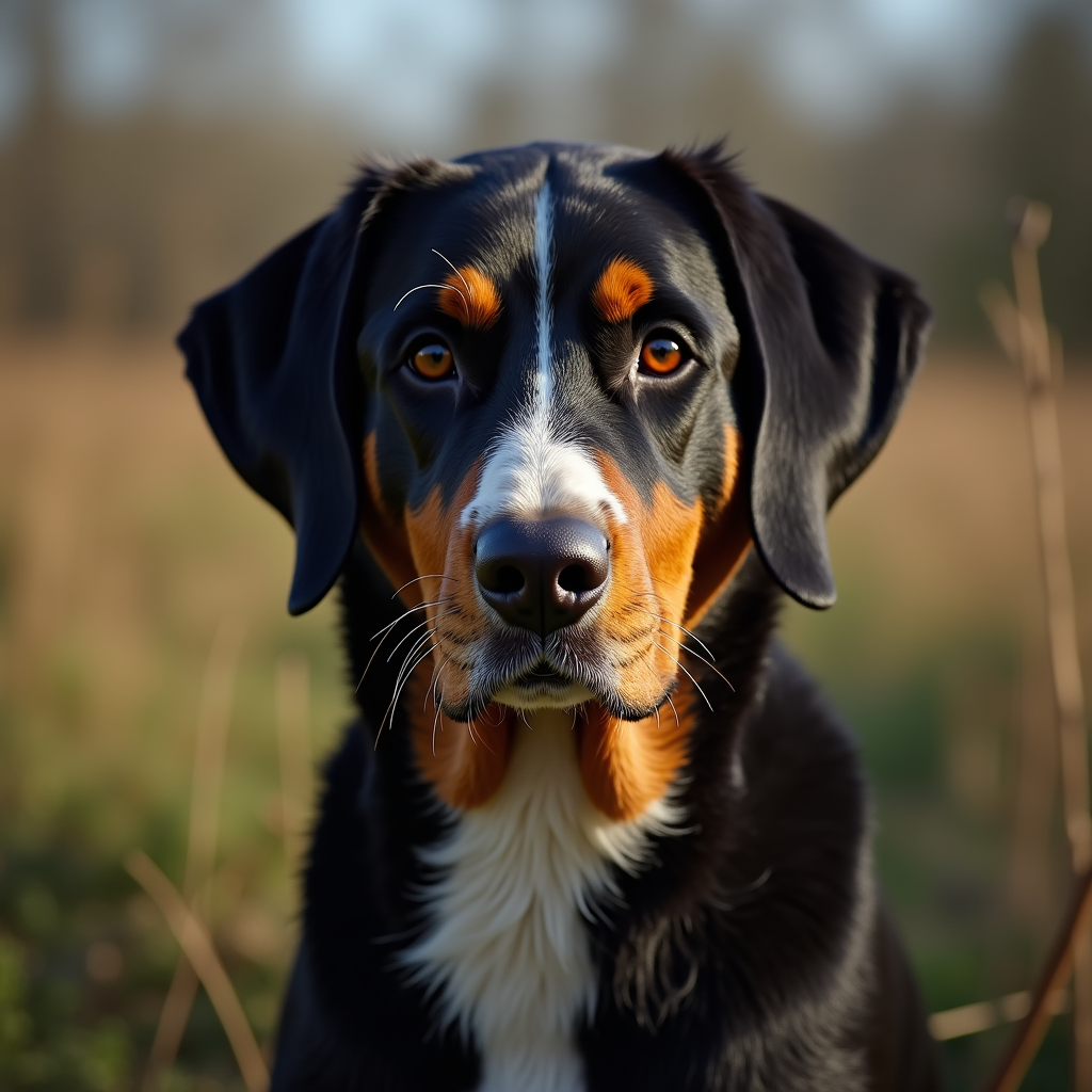 A photorealistic portrait of a Greater Swiss Mountain Dog in its natural habitat