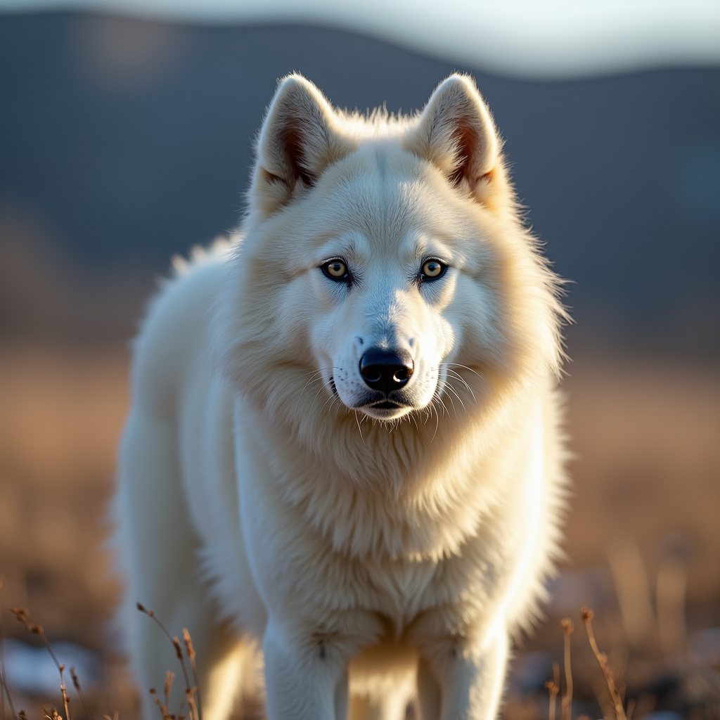 A photorealistic portrait of a Greenland Dog in its natural habitat