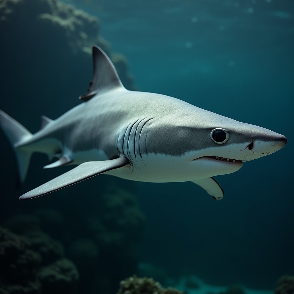 A photorealistic portrait of a Grey Reef Shark in its natural habitat