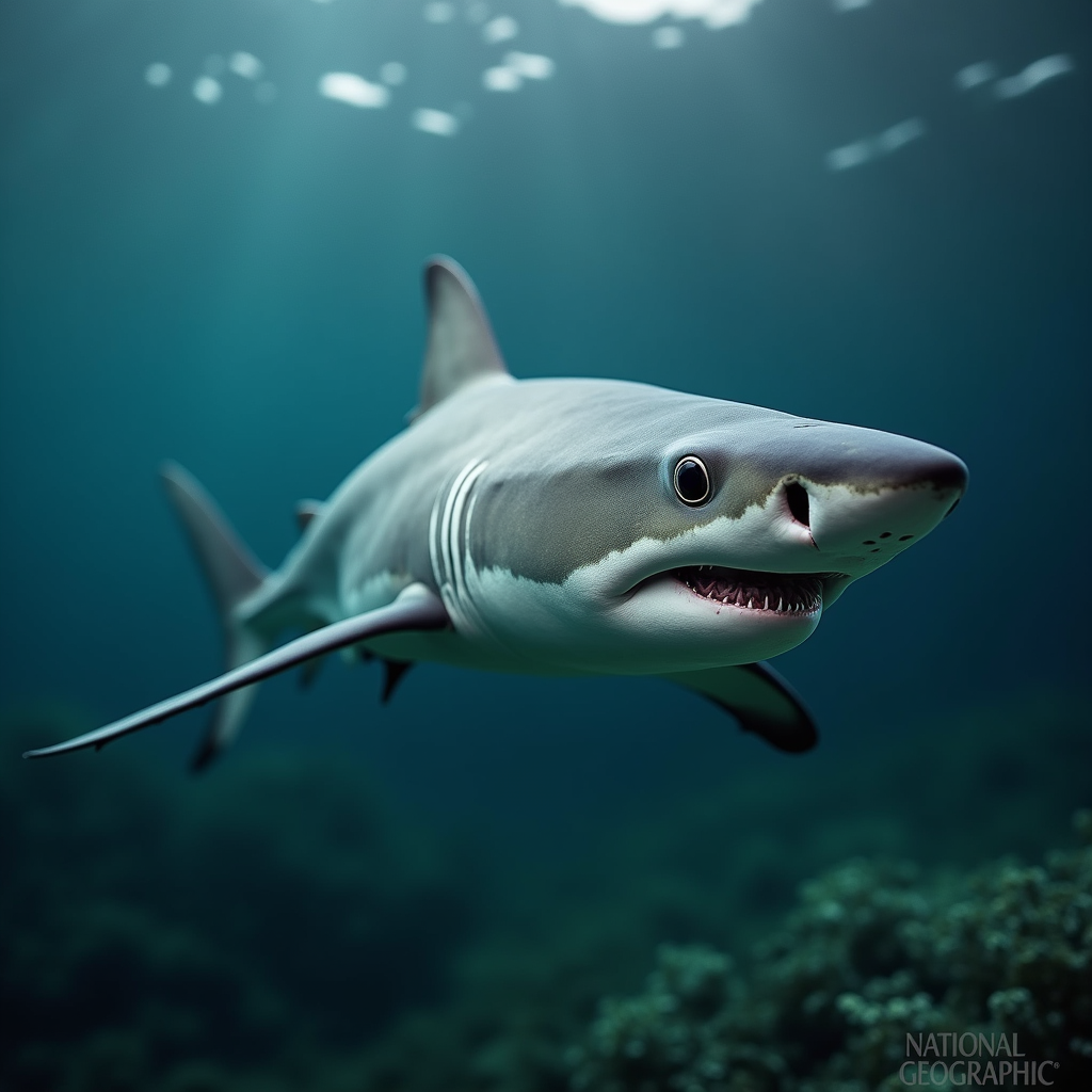 A photorealistic portrait of a Grey Reef Shark in its natural habitat
