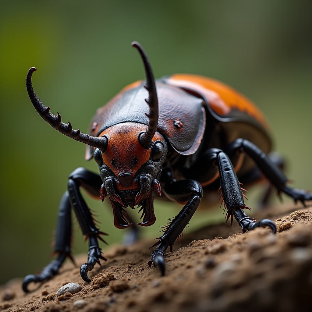 A photorealistic portrait of a Hercules Beetle in its natural habitat