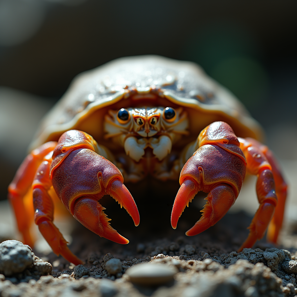 A photorealistic portrait of a Hermit Crab in its natural habitat