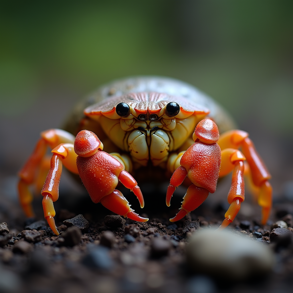 A photorealistic portrait of a Hermit Crab in its natural habitat