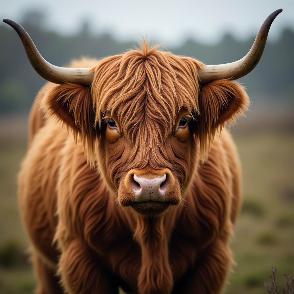 A photorealistic portrait of a Highland Cattle in its natural habitat