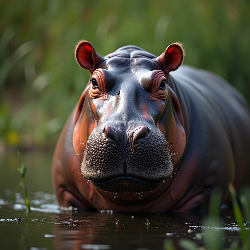 A photorealistic portrait of a Hippopotamus in its natural habitat